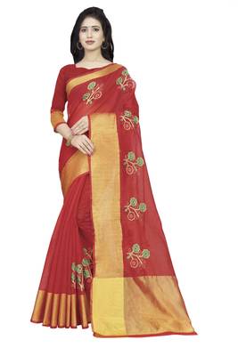 Red plain cotton saree with blouse 1
