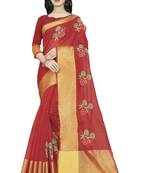 Red plain cotton saree with blouse