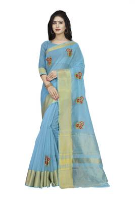 Sky blue plain cotton saree with blouse 1