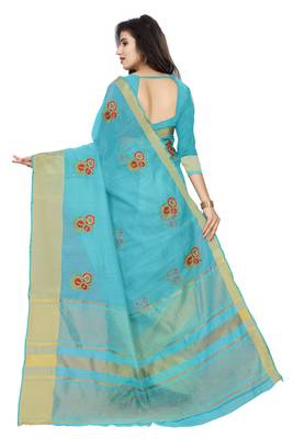 Sky blue plain cotton saree with blouse 2