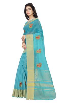 Sky blue plain cotton saree with blouse 3
