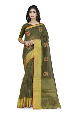 Mehendi plain cotton saree with blouse 1