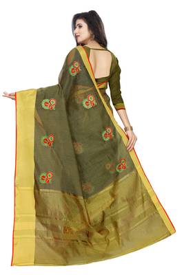 Mehendi plain cotton saree with blouse 2