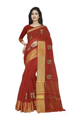 Red plain cotton saree with blouse 1
