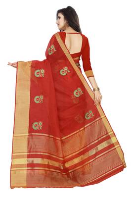 Red plain cotton saree with blouse 2