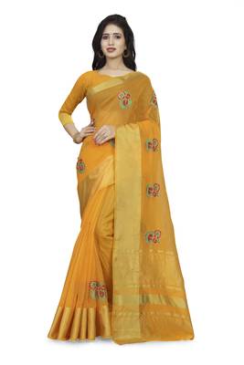 Yellow plain cotton saree with blouse 1