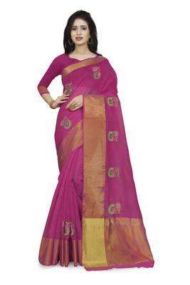 Pink plain cotton saree with blouse 1