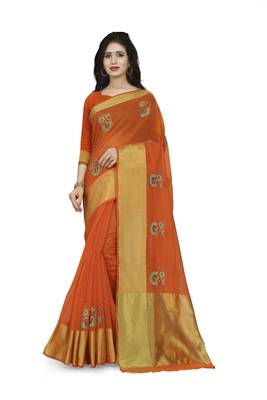 Orange plain cotton saree with blouse 1