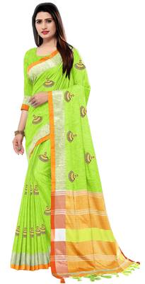 Parrot green embroidered linen saree with blouse 1