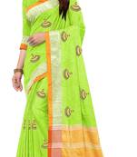 Parrot green embroidered linen saree with blouse