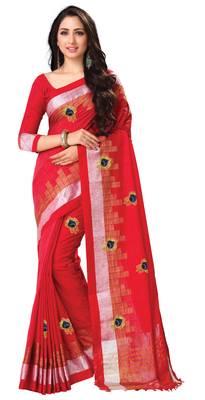 Red embroidered linen saree with blouse 1
