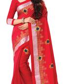 Red embroidered linen saree with blouse