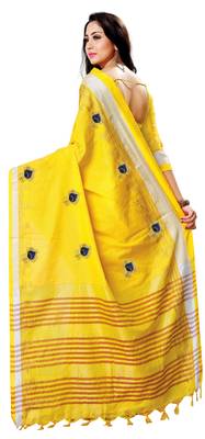 Yellow embroidered linen saree with blouse 2