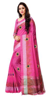 Pink embroidered linen saree with blouse 2