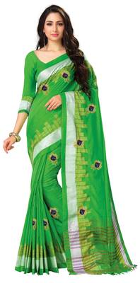 Green embroidered linen saree with blouse 1