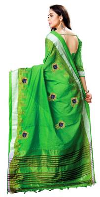 Green embroidered linen saree with blouse 2
