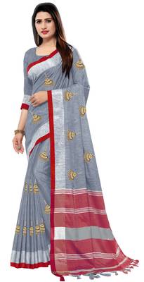 Grey embroidered linen saree with blouse 1