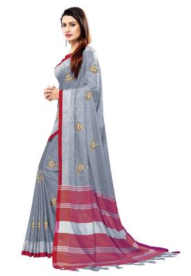 Grey embroidered linen saree with blouse 3