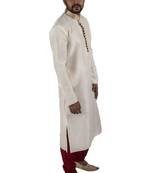 White embroidered raw silk kurta-pajama