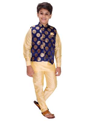 Blue printed cotton silk boys-kurta-pyjama 2