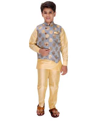 Grey printed cotton silk boys-kurta-pyjama 1