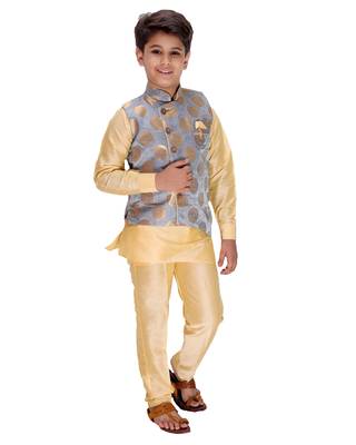 Grey printed cotton silk boys-kurta-pyjama 2