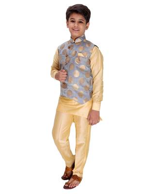 Grey printed cotton silk boys-kurta-pyjama 3