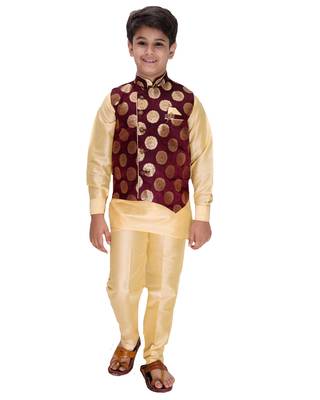 Maroon printed cotton silk boys-kurta-pyjama 1