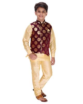 Maroon printed cotton silk boys-kurta-pyjama 2