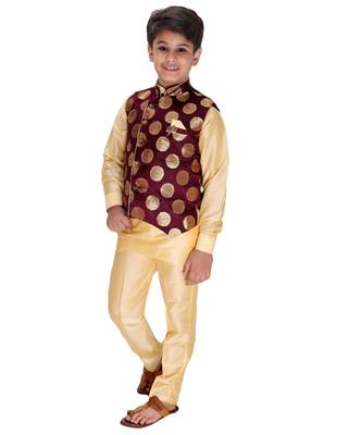 Maroon printed cotton silk boys-kurta-pyjama 3