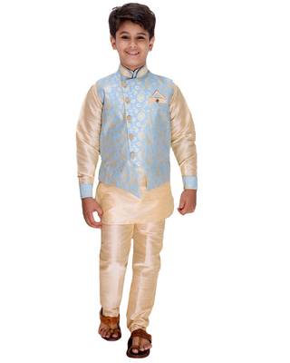 Blue printed cotton silk boys-kurta-pyjama 1