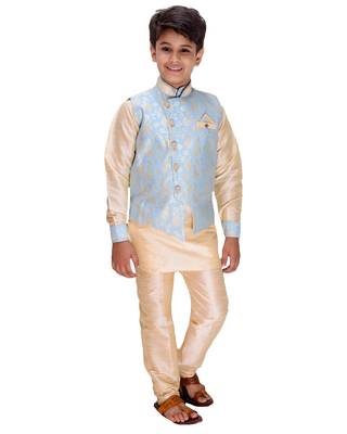 Blue printed cotton silk boys-kurta-pyjama 2