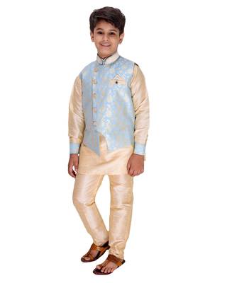 Blue printed cotton silk boys-kurta-pyjama 3