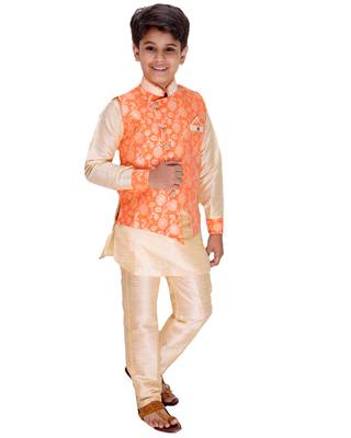 Orange printed cotton silk boys-kurta-pyjama 1