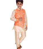 Orange printed cotton silk boys-kurta-pyjama