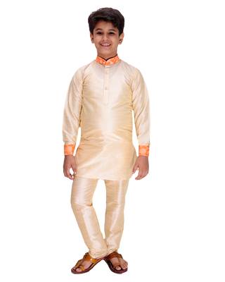 Orange printed cotton silk boys-kurta-pyjama 2