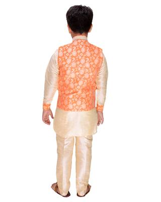 Orange printed cotton silk boys-kurta-pyjama 4