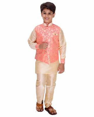 Pink printed cotton silk boys-kurta-pyjama 1
