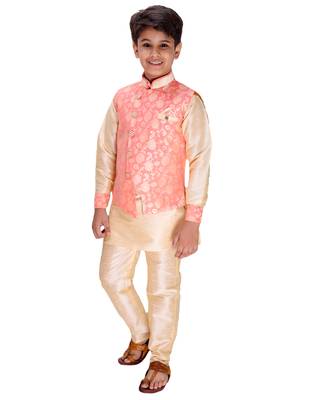 Pink printed cotton silk boys-kurta-pyjama 2