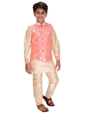 Pink printed cotton silk boys-kurta-pyjama 3