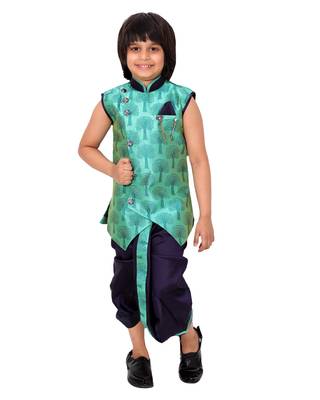 Green plain cotton silk boys-dhoti-kurta 1