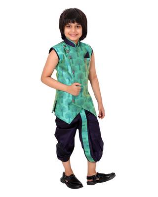 Green plain cotton silk boys-dhoti-kurta 2
