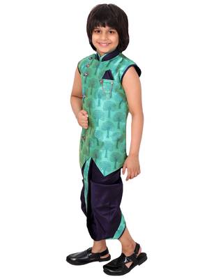 Green plain cotton silk boys-dhoti-kurta 3