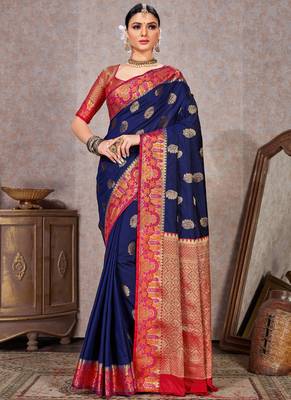 Navy blue woven art silk saree with blouse 1