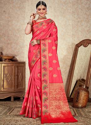Pink woven art silk saree with blouse 1