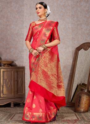 Pink woven art silk saree with blouse 2