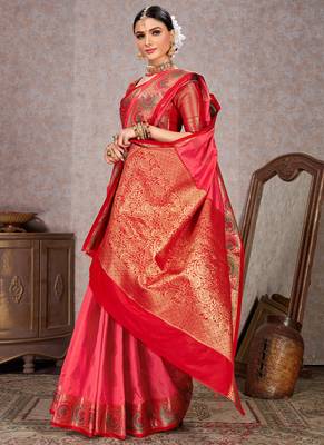 Pink woven art silk saree with blouse 3