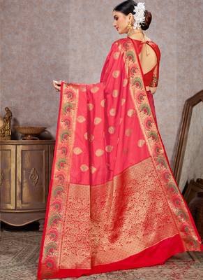 Pink woven art silk saree with blouse 4
