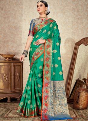 Green woven art silk saree with blouse 1