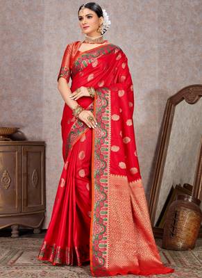 Red woven art silk saree with blouse 1